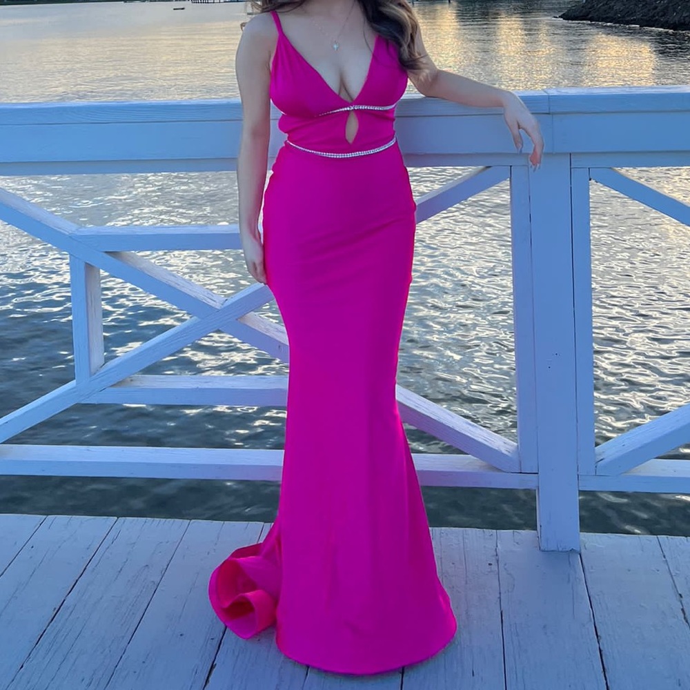 Hot Pink V Neck Plunge Embellished Mermaid Prom Dress - Picture 2 of 6